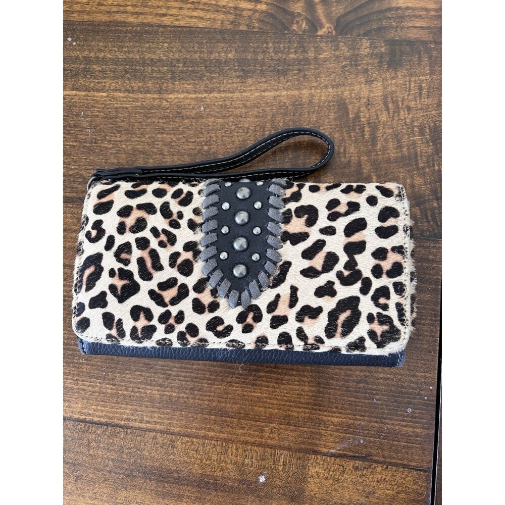 Trinity Ranch Leopard Hair Calf Leather Studded Wallet Wristlet, Western Cowgirl
